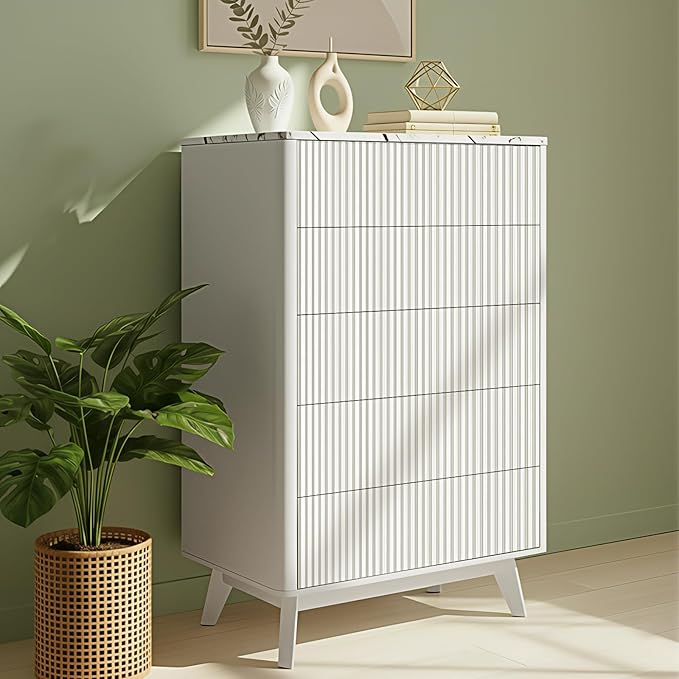 Fluted 5 Drawers Dresser for Bedroom, 47" Tall Handleless Chest of Drawers with Faux Marble Top, Curved Profile Design, Wood Drawer Organizerfor forLiving Room, Hallway, Entryway, White