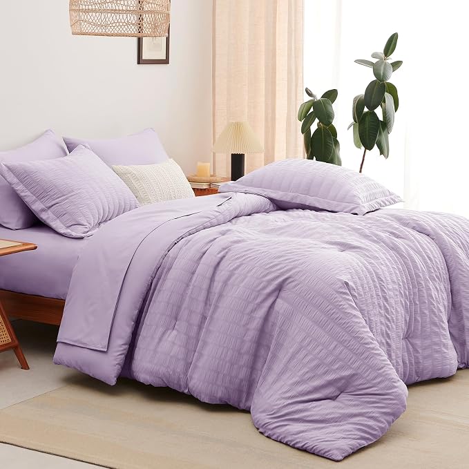 CozyLux Queen Comforter Set Light Purple, 7 Pieces Seersucker Textured Luxury Bed in a Bag Queen, Lavender All Season Bedding Set with Down Alternative Comforter, Sheets, Pillowcases & Shams Home Gift