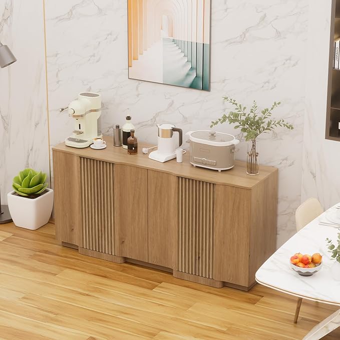 Yechen Buffet Cabinet with Storage, 118" Accent Sideboard Modern Credenza Set of 2 with Doors & Adjustable Shelves Fluted Media Console Wood Coffee Bar Table for Living Kitchen Dining Room