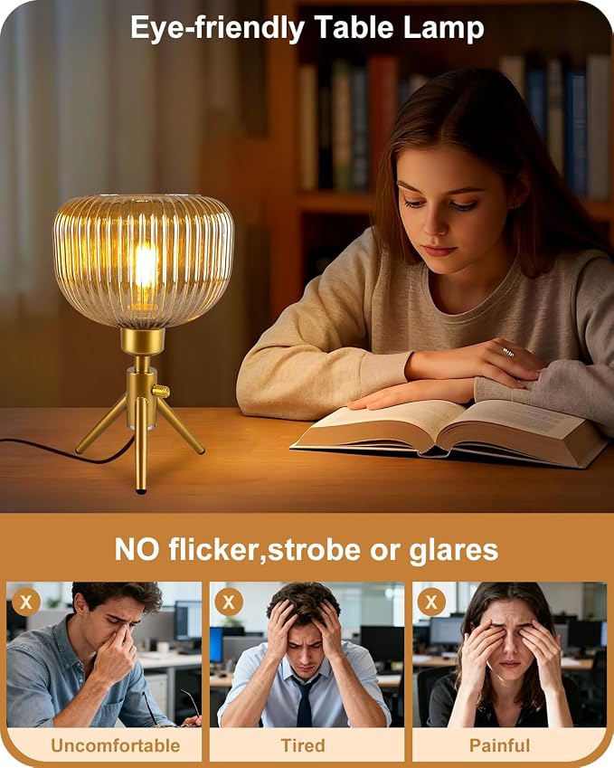 Lightdot Tripod Glass Table Lamp Gold Small Desk Lamp with Brown Striped Glass Shade, 3000K Warmwhite Dimmable Nightstand Lamp for Bedroom/Bedside/Living Room/Study Room/Home Decor