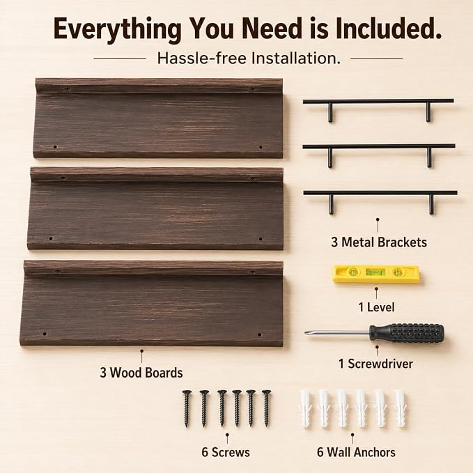 Wood Floating Shelves for Wall Set of 3, Rustic Bathroom Shelves with Guardrail, Wall Mounted Storage Shelves for Bedroom, Living Room and Kitchen