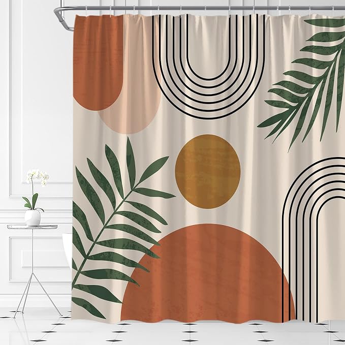Mid Century Modern Shower Curtain Boho Beige Orange Abstract Retro Aesthetic Fabric for Bathroom Decor Bathtub with Hooks (67" WX70 H)