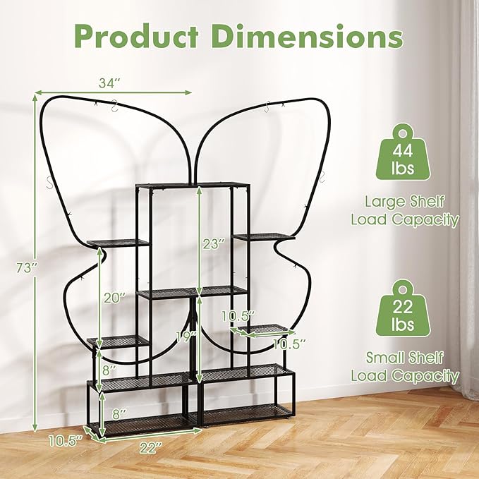 Giantex 2 Pack 6-Tier Plant Stand Indoor, Butterfly-Shaped Metal 73” Tall Ladder Plant Shelf w/ 4 Hanging Hooks, Outdoor Flowerpot Display Rack for Multiple Plants Living Room Balcony Patio Garden