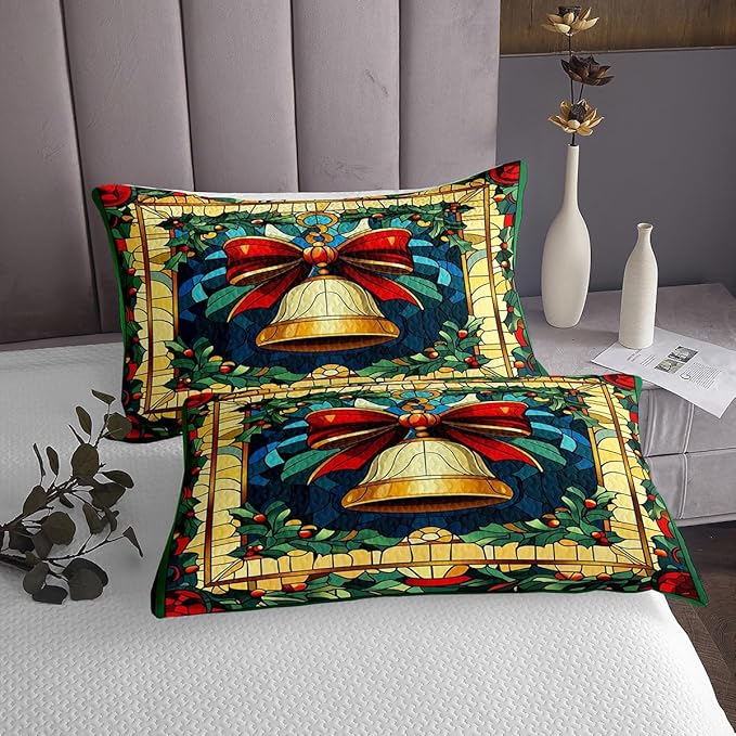 Manfei Christmas Bell Kids Bedspread Twin Size,Merry Christmas Bowknot Bow Tie Coverlet Set,Boys Girls Room Decor,Happy New Year Poinsettia Flower Quilted Coverlet,Red Xmas Bedding Quilt,1 Pillowcase