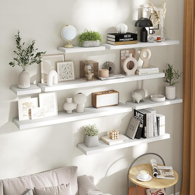 48 Inch Floating Shelves for Wall Set of 2, 8"D Wood Grain Bathroom Shelves with Invisible Brackets, Easy Install Engineered Wood Storage Shelves for Kitchen, Living Room, Bedroom, White Finish
