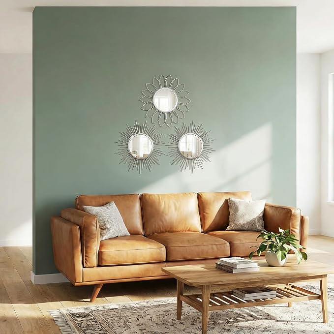 Boho Sunburst Wall Mirror Set of 3, 12 Inch Round Antique & Modern Metal Wall Art, Hanging Over The Door Mirrors for Wall Decor in Living Room, Bedroom, Bathroom, Entryway(Sliver)