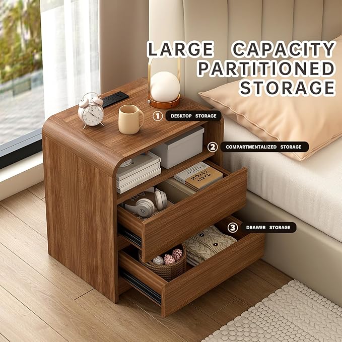 Modern Nightstand, 23.6-Inch Wide with Charging Station & Curved Anti-Collision Design, Mid-Century Storage Cabinet, Pre-Embedded Slots, Sturdy & Reusable, Ideal for Dorm, Sofa, or Office (1)