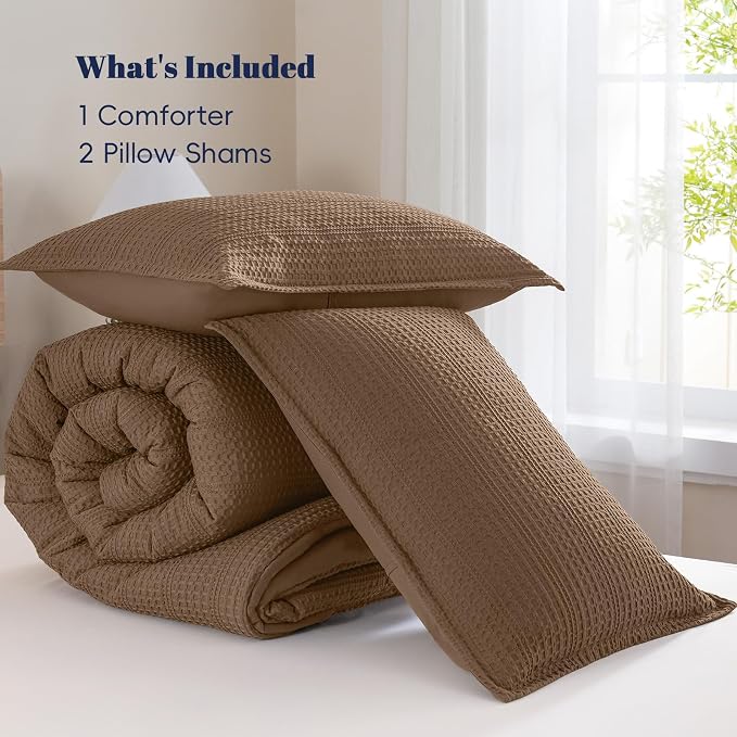 PHF Soft Waffle Comforter Set King Size- Comfy Breathable Waffle Weave Comforter with 2 Pillow Shams, 3 Pieces Less Snagging Lightweight Textured Bedding Set for All Season, Mocha