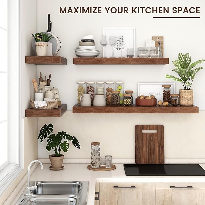 Floating Shelves for Wall, 24 Inch Wide x 12 Inch Deep Floating Shelves, Long Wood Floating Wall Shelf Shelves for Living Room Bathroom Bedroom Kitchen Home - (Walnut, 24" W x 12" D x 2" H)