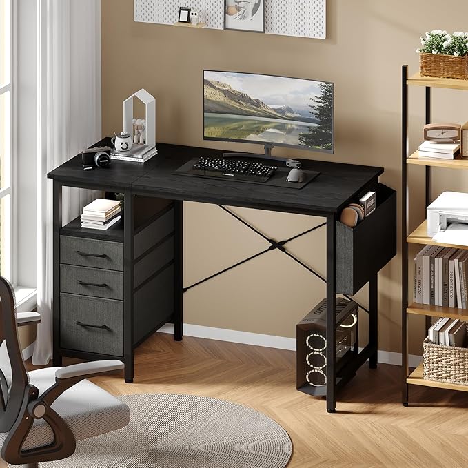 DUMOS 39" Computer Desk with Storage, Small Home Office Desk with 3 Fabric Drawers & Side Pocket, Space Saving Writing Desk for Apartment, Dorm, Gaming Workstation, Black