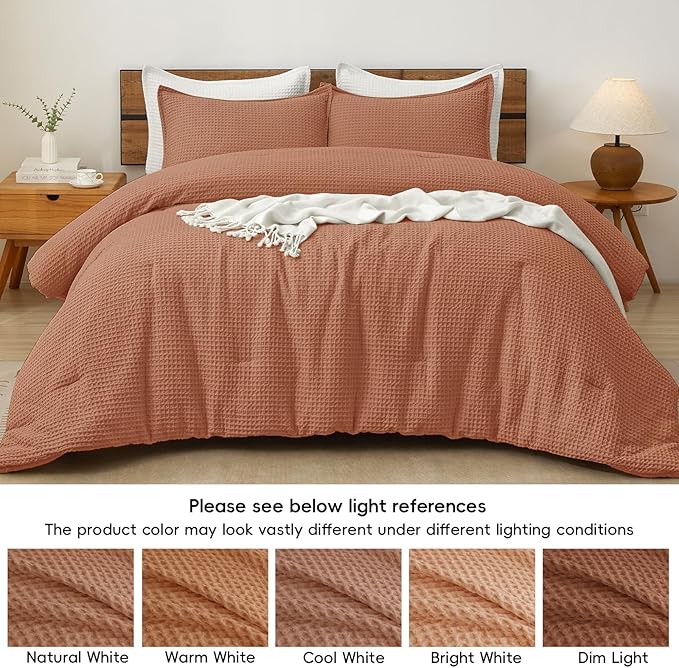 PHF Ultra Soft Waffle Weave Comforter Set King Size, 3 Pieces Lightweight Breathable Comfy Bedding Set, Comfy Textured 1 Comforter with 2 Pillow Shams, Terra Cotta