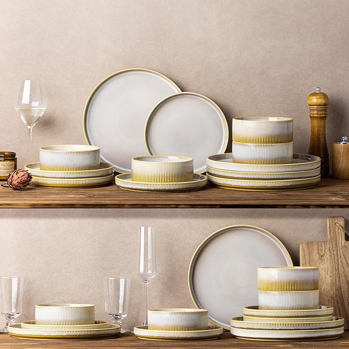 TheTerra Ceramic Dinnerware Sets for 6, 18 Pieces Porcelain Lightweight Plates and Bowls Sets, Scratch Resistant Dish Set, Oven & Microwave & Dishwasher Safe, Autumn Haze