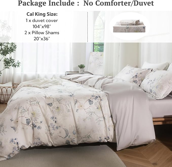 MILDLY Cal King Size Duvet Cover Set 100% Long-Staple Cotton Luxury Elegant Floral Patten Reversible Comforter Cover Set 3Pcs