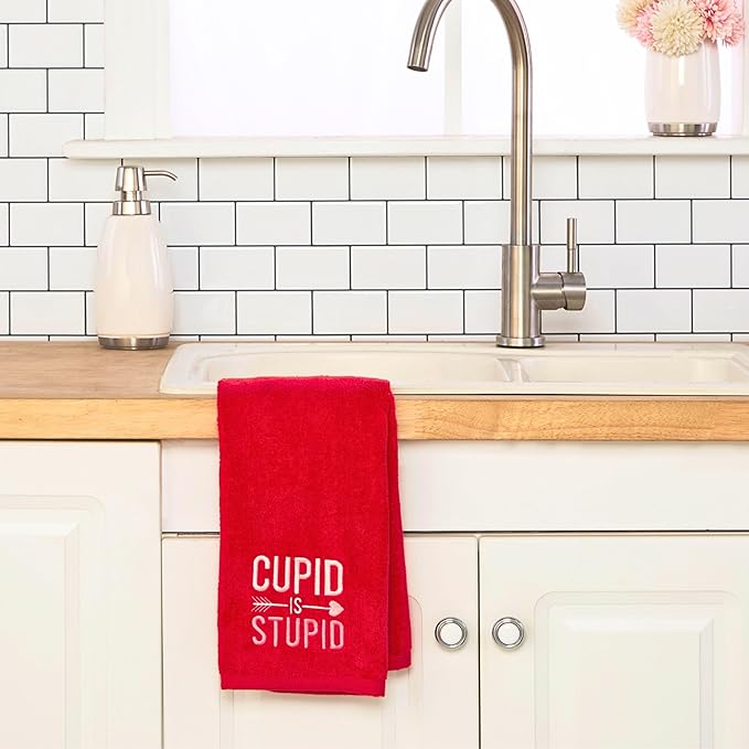 SKL Home Valentine's Day Cupid is Stupid 100% Cotton Embroidered 2pc Hand Towel Set, Decorative for Bath/Kitchen/Bar & Gift, Red
