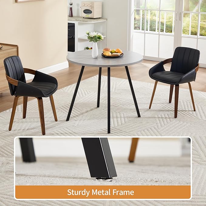 34.6" Round Dining Table for 2-4, Mid-Century Modern Small Kitchen Table with Woodgrain Top & Black Metal Legs, Space-Saving Table for Apartment, Breakfast Nook, Small Spaces - Light Gray