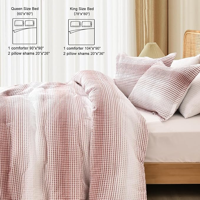 PHF Ultra Soft Yarn Dyed Waffle Weave Comforter Set Queen Size, 3 Pieces Lightweight Breathable Comfy Bedding Set, Comfy Textured 1 Comforter with 2 Pillow Shams, White and Brick