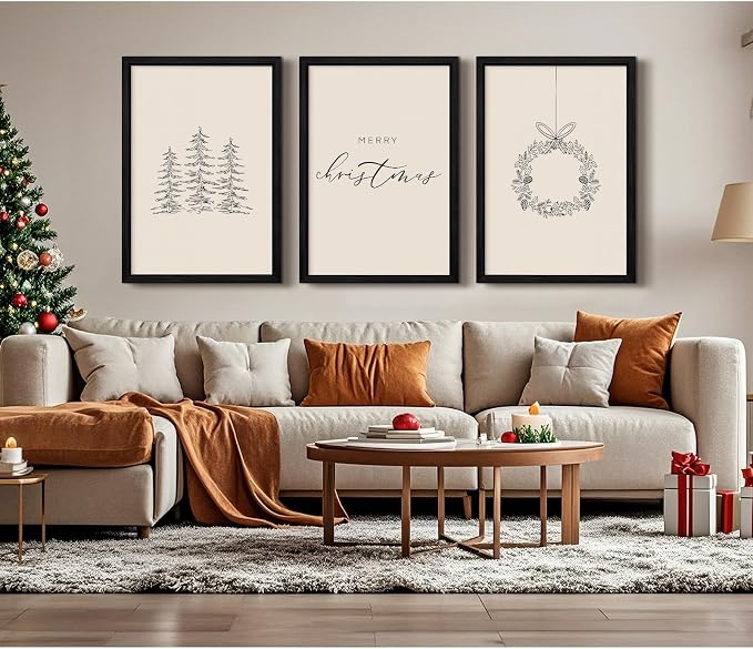 Christmas Wall Art Winter Xmas Canvas Decor Christmas Tree Picture Merry Christmas Wall Art Minimalist Vintage Painting Beige Farmhouse Prints Holiday Poster for Bathroom 12x16x3 Inch Framed