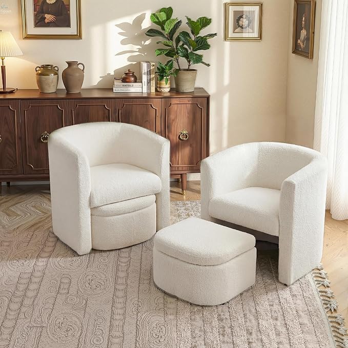 COLAMY Morden Velvet Living Room Side Chair with Storage Ottoman Set of 2, Single Sofa Armchair with Lounge Seat, Upholstered Barrel Accent Chair for Bedroom/Office/Reading Spaces, Cream