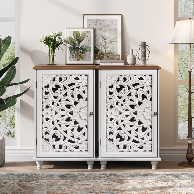 JOINICE Small Accent Cabinet with Carved Mandala Door, Boho Distressed End Table for Living Room, Bedroom, Entryway, White