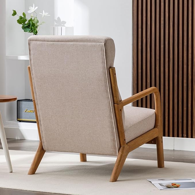 ANJ Mid Century Modern Accent Chair with High Back, Single Lounge Armchair with Solid Wood Frame, Comfy Reading Chair for Living Room, Easy Assembly