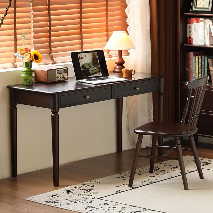 YESWOOD Solid Wood Computer Desk, Vintage Mid-Century Modern Home Office Desk Drawers, Writing Desk with Carved Legs for Study & Work 47.24" W