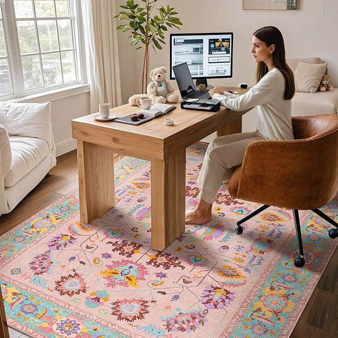 Pink Living Room Area Rug Washable 5x7 Non Slip Low Pile Oushak Vintage Oushak Stain Resistant Soft Oriental Carpet for Bedroom, Dining Room, Kitchen, Leisure Room, Nova Peony