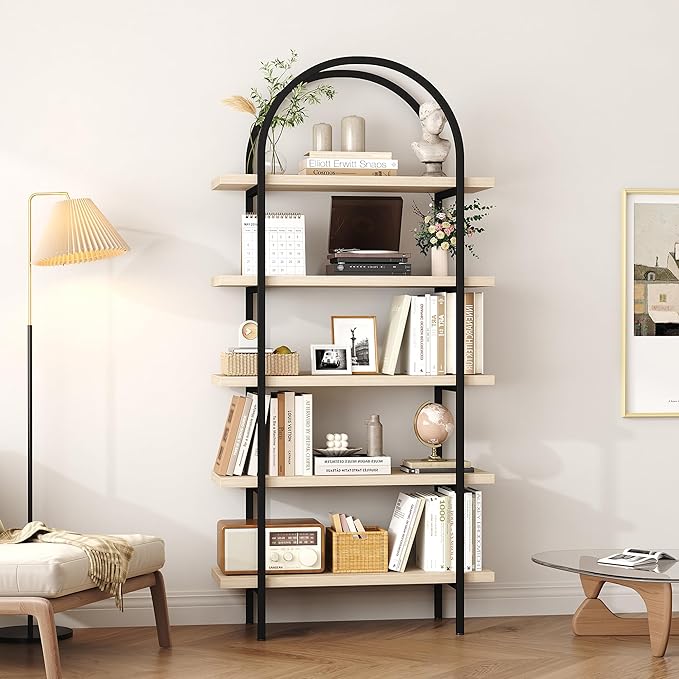 Yusong Bookshelf 5 Tier Arched Bookcase, 74" Tall Industrial Open Book Shelves for Living Room, Modern Freestanding Display Shelving Storage Rack with Metal Frame, Office, Bedroom, Natural Wood Color
