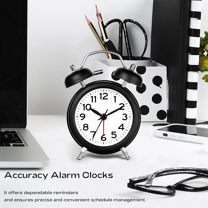 AKCISOT Loud Alarm Clock for Heavy Deep Sleepers,3 Inches Analog Metal Twin Bell Clocks Battery Operated with Backlight for Bedroom Bseide, Old Fashioned for Desk Home Decoration (Black White)