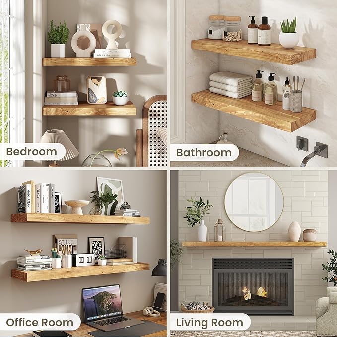 Fun Memories Solid Elm Wood Floating Shelves Set of 1-72 Inch Rustic Wall Shelves with Heavy-Duty Invisible Brackets - for Living Room, Kitchen, Bedroom, Bathroom - Natural Finish