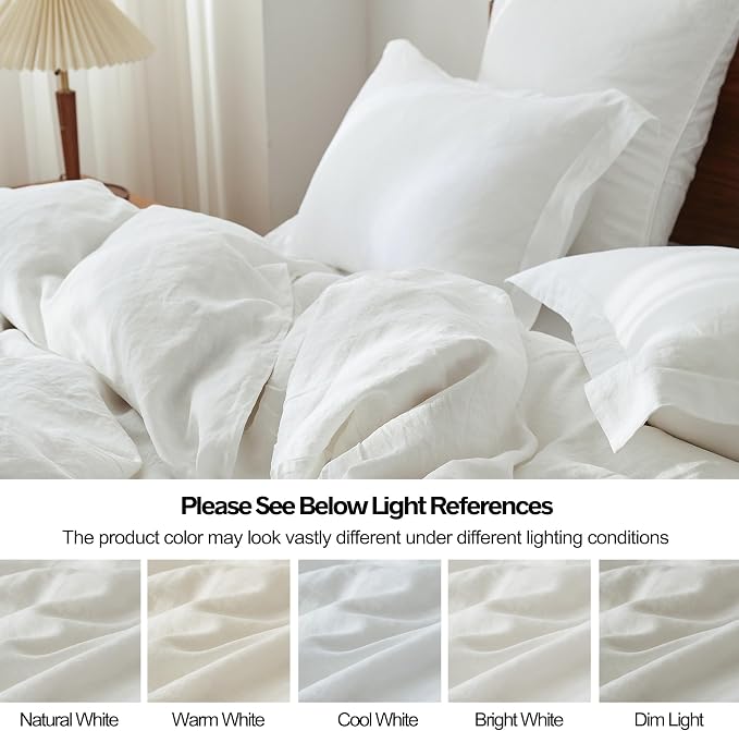 Simple&Opulence 100% Linen Duvet Cover Set, 3 PCS Natural French Flax White Duvet Cover Queen Size, Breathable Soft Comfy Linen Bedding Comforter Cover with 2 Pillowcases(White, 88"x92")