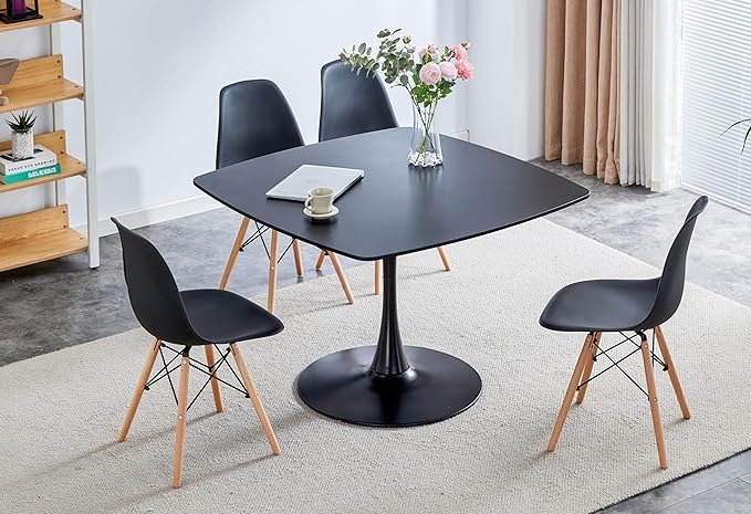 Square Dining Table for 2 4 6, Special Kitchen Table with Tulip Shape & Metal Pedestal Base, Mid Century Modern Bistro Tulip Table for Kitchen, Small Space, Cafe (Black, 41.12 inches)