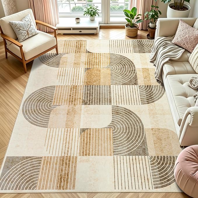 Living Room Area Rugs 6x9 - Large Washable Modern Rug for Bedroom, Non-Slip Geometric Abstract Carpet Indoor Floor Neutral Beige Mat for Dining Room Nursery Office