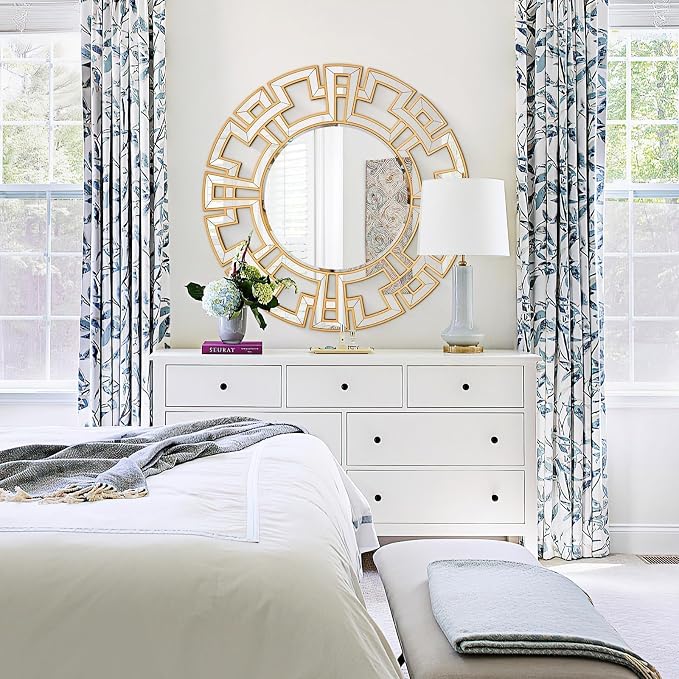 Chende Large Gold Mirrors for Decor, 44'' Round Wall Mirrors for Dining Room Entryway, Elegant Decorative Mirror with Wooden Frame for Living Room, Bedroom, Fireplace