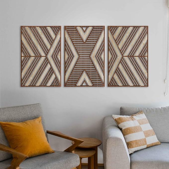 Art Deco Style Geometric Wood Wall Art, Mid Century Modern Wooden Wall Art Panel, Large Wall Decor for Bedroom, Office or Living Room
