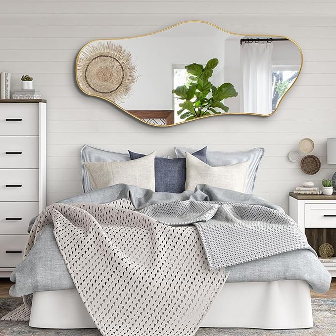 Large Irregular Mirror, 55"x25.6" Gold Asymmetrical Mirrors, Abstract Full Length Mirrors with Metal Frame, Cloud Shaped Mirror for Living Room Bathroom Bedroom Hallway Entryway Fireplace