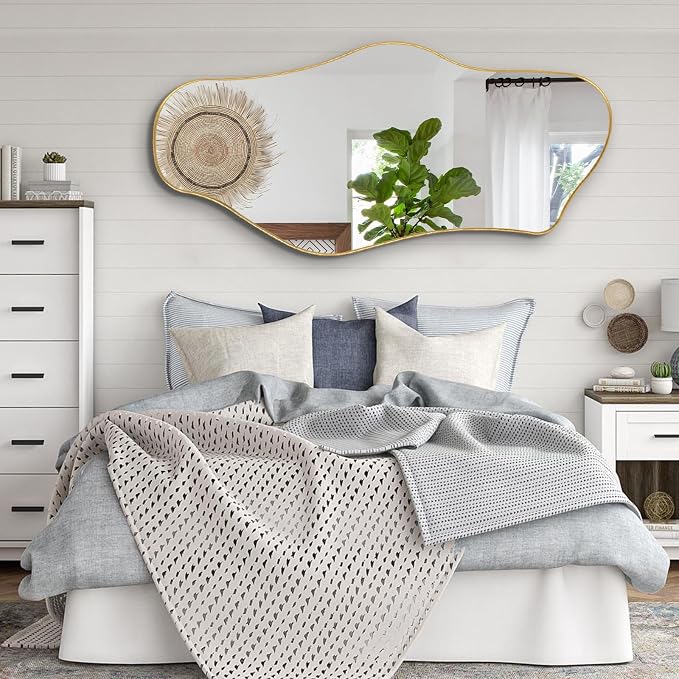 Large Irregular Mirror, 55"x25.6" Asymmetrical Aesthetic Mirror with Gold Metal Frame, Modern Organic Mirrors for Living Room Bedroom Hallway Entryway, Horizontal or Vertical Hanging