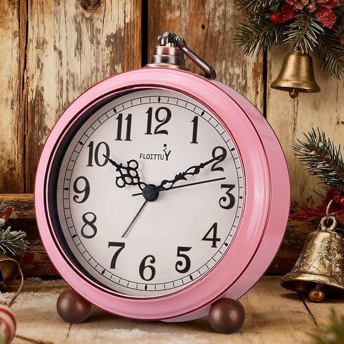 FLOITTUY 4.5" Battery Operated Antique Retro Analog Metal Alarm Clock, Silent Bedside Desk Clock, Wall-Hanging Vintage Clock(Vintage Pink)