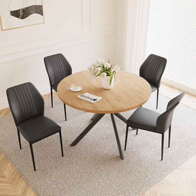HIPIHOM 45.3 Inch Round Dining Table Set for 4, Mid Century Modern Small Kitchen Coffee Set for Dining Room Kitchen Apartment (Oak Table + 4 Black Chairs)