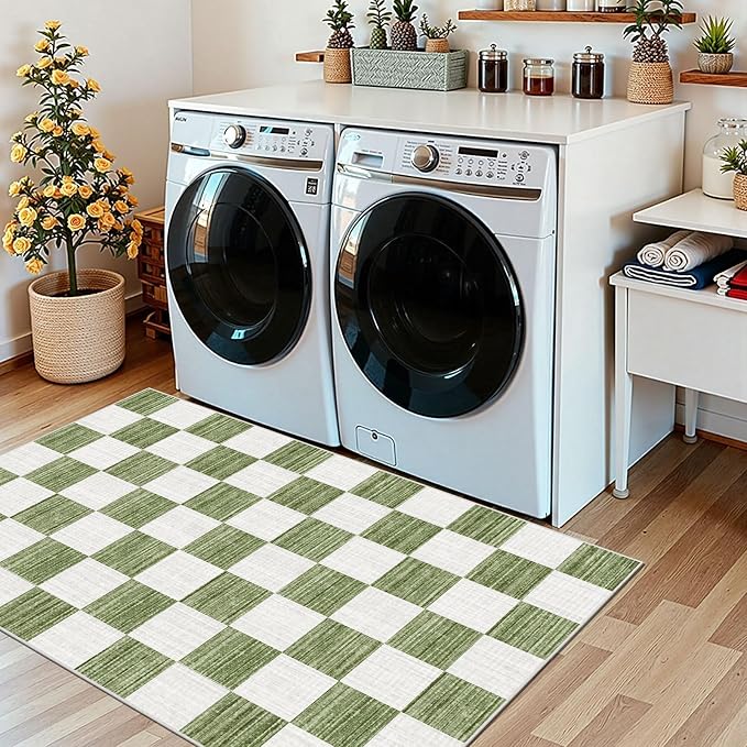 Green White Checkered Entry Rug - 3x5 Ft Non-Slip Washable Indoor Outdoor Front Door Mat Outside Entrance Porch Rug Geometric Rugs for Living Room Bedroom Entryway Kitchen Office Porch Decor
