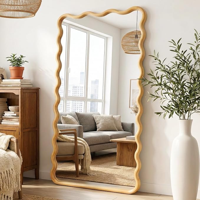 TRAHOME Wavy Mirror for Wall, 55"x28" Boho Wavy Wood Mirror Large Full Length Decorative Mirror with Tempered Glass, Natural Wooden Frame Vanity Mirror for Bedroom, Living Room, Entryway