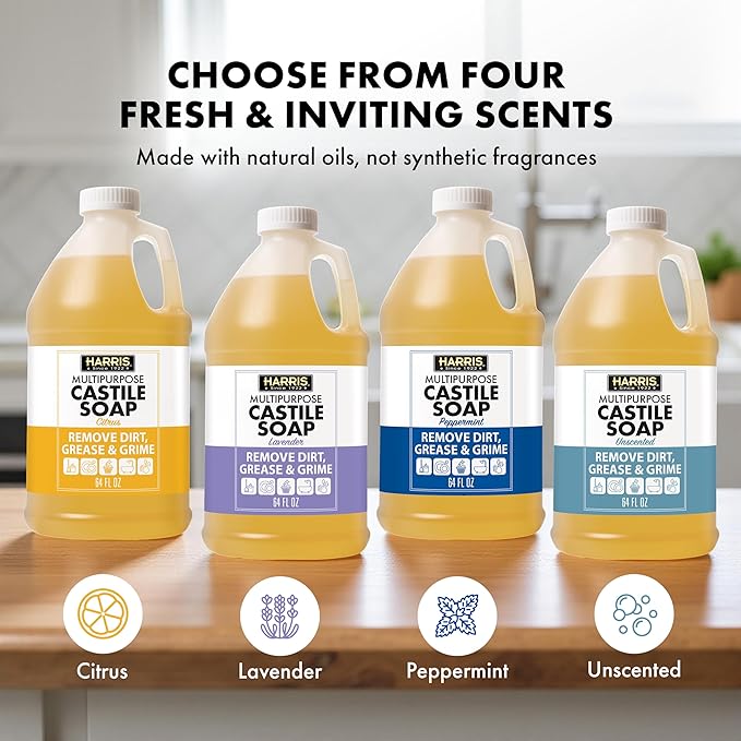 HARRIS Multi-Purpose Pure Liquid Castile Soap for Home Cleaning, Multi-Purpose Cleaner, For Dish Soap, Laundry Detergent, Kitchen and Bathroom Surfaces, Kids Rooms, Unscented, 64 Oz