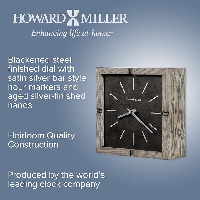 Howard Miller Fortin Mantel Clock - Woden Square Tabletop Timepiece, Battery Operated Analog Desk Clock, Gray Finish, Silver Hands, Quartz Movement, Vintage, Ideal Living Room, Home and Office Decor
