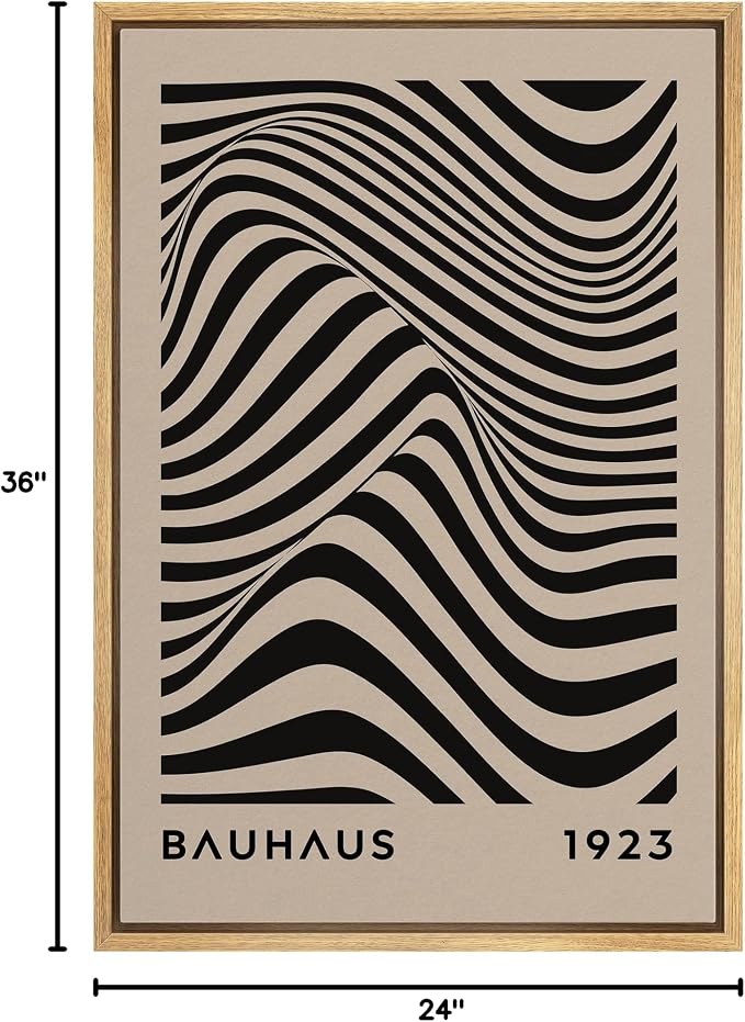 MUDECOR Framed Canvas Print Wall Art Mid-Century Bauhaus Black Stripe Illusion Shapes Abstract Illustrations Modern Art Minimal Multicolor Relax/Calm for Living Room, Bedroom, Office - 24"x36" NATURAL
