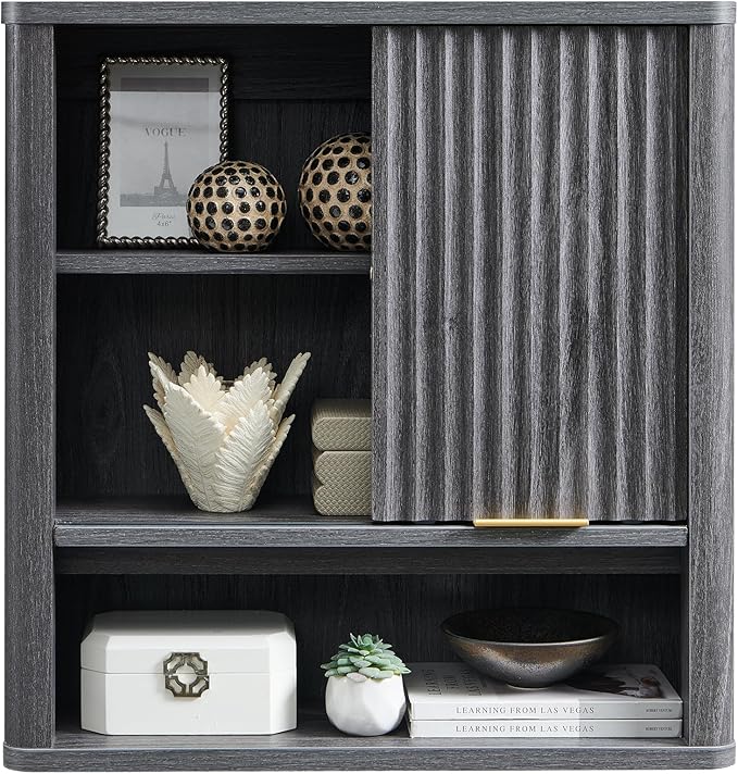 RedLemon Bathroom Wall Cabinet with Fluted Sliding Door, Modern Medicine Cabinet with Adjustable Shelf, Curved Profile Wall Mounted Storage Organizer, Dark Alder