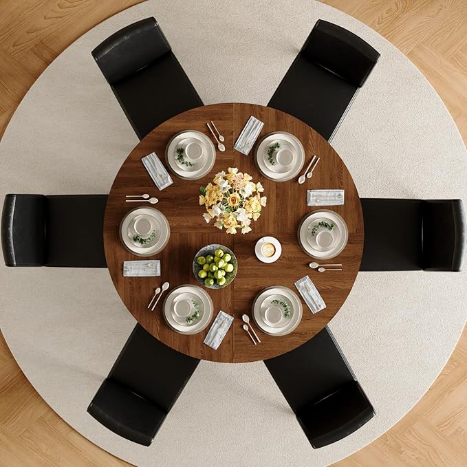 47" Round Dining Table Set for 6, Walnut Wood Grain Table and 6 Black PU Leather Upholstered Chairs Set, Mid Century Modern Kitchen Table Set with Cross Legs