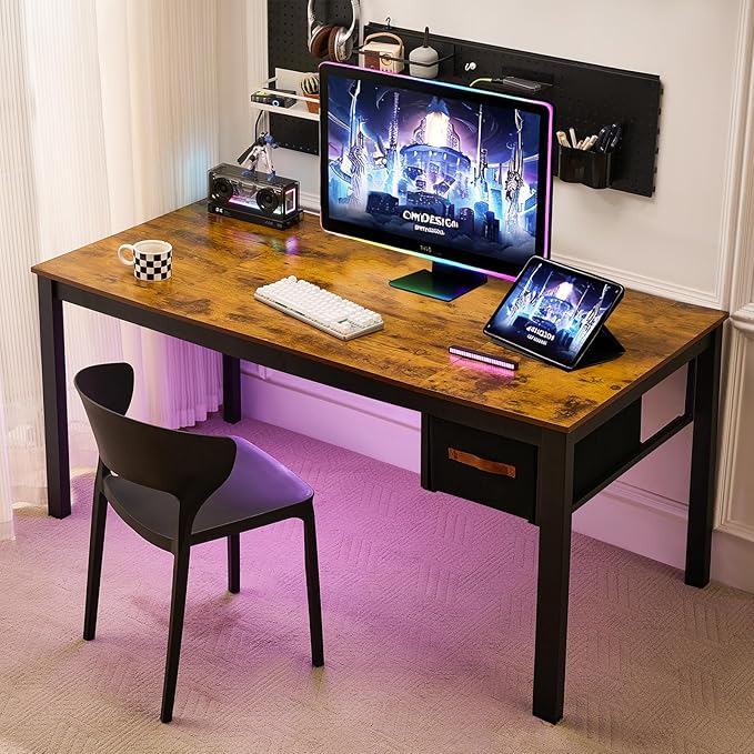Computer Desk with Drawer, 63 Inch Large Home Office Work Desks, Modern Writing Study PC Desk Gaming Table for Bedroom Home, Stable Thick Metal Legs Frame Support (Rustic Brown)