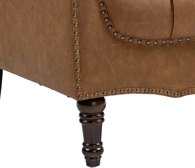 Faux Leather Accent Chair for Living Room, Upholstered Retro Armchair Tufted Club Arm Chair Single Sofa Lounge Bedroom Side Reading Seating with Solid Wood Legs, Camel