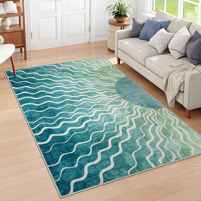 Wonnitar Boho Sun Washable Area Rugs 5x7, Green Rugs for Living Room Dining Room, Non Slip Ultra Thin Modern Ombre Dark Green Carpet for Classroom Bedroom Playroom, Teal/Multi