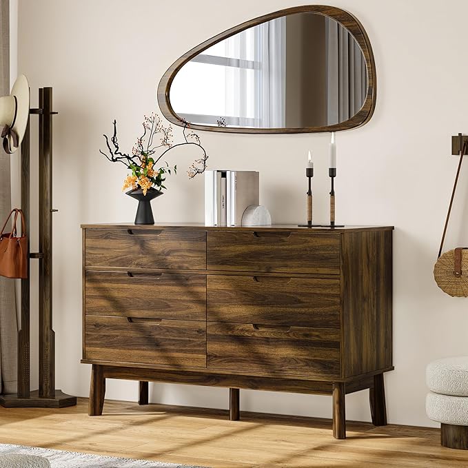 47" Wide Wooden Dresser for Bedroom, Mid-Century Modern 6 Drawer Double Dresser with Natural Wood Grain, Large Horizontal Storage Chest for Living Room, Anti-Tip Kit, Dark Walnut