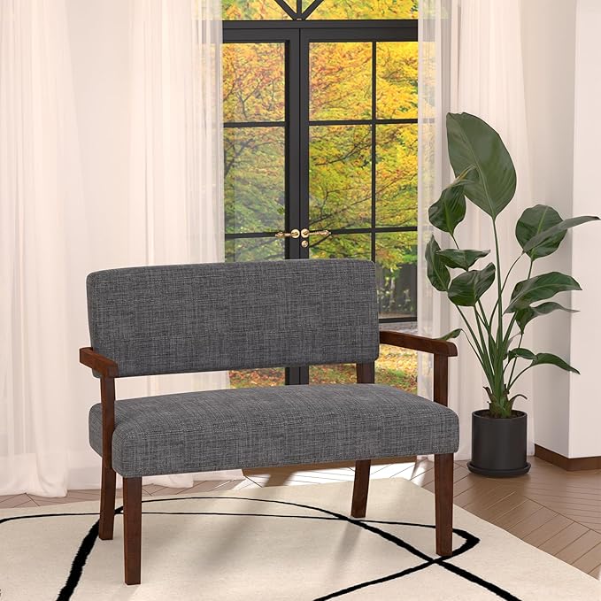 Accent Chair 2 Seat, Upholstered Reading Leisure Chair, Bench with Solid Wood Frame for Dining, Reading, and Waiting Rooms (Gray)